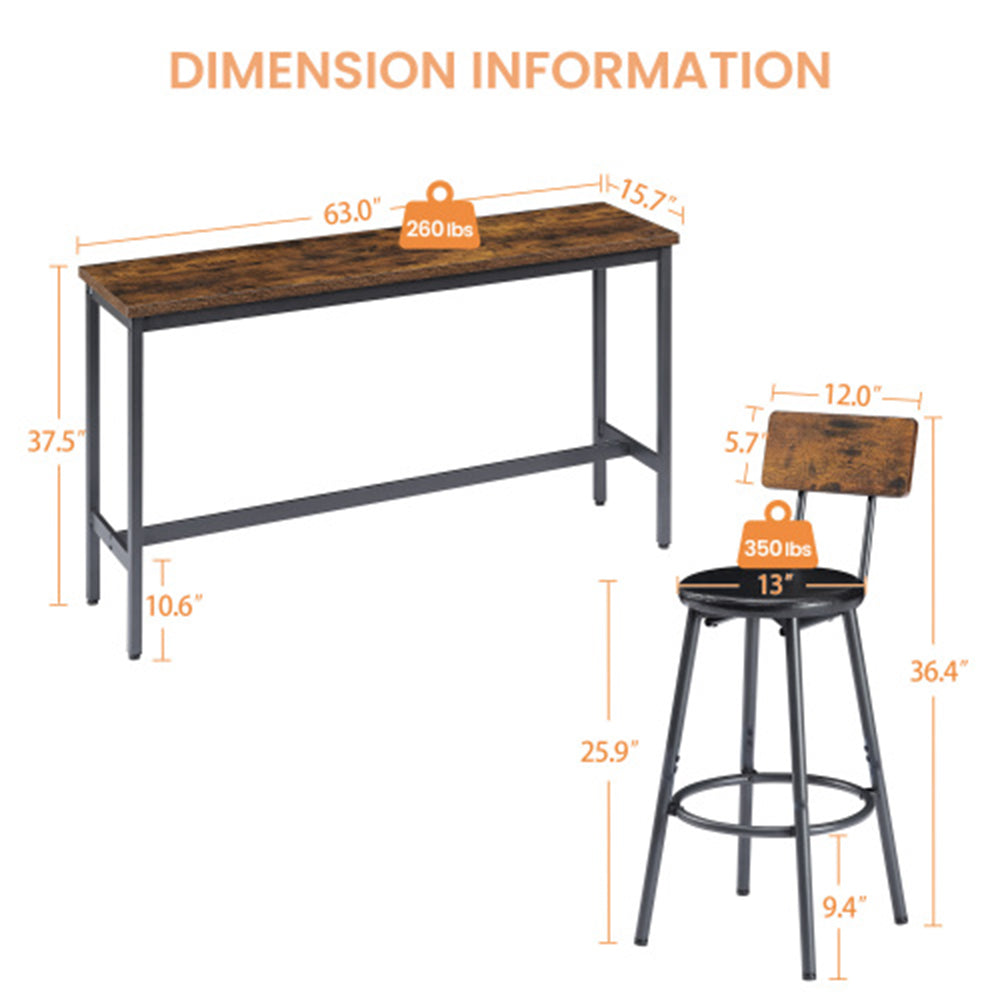 Industrial Bar Table Set with 3 Stools - Rustic Brown