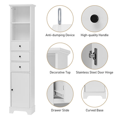 Tall Freestanding Bathroom Cabinet with 3 Drawers & Adjustable Shelf - White