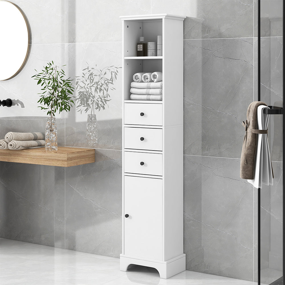 Tall Freestanding Bathroom Cabinet with 3 Drawers & Adjustable Shelf - White