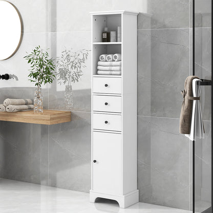 Tall Freestanding Bathroom Cabinet with 3 Drawers & Adjustable Shelf - White