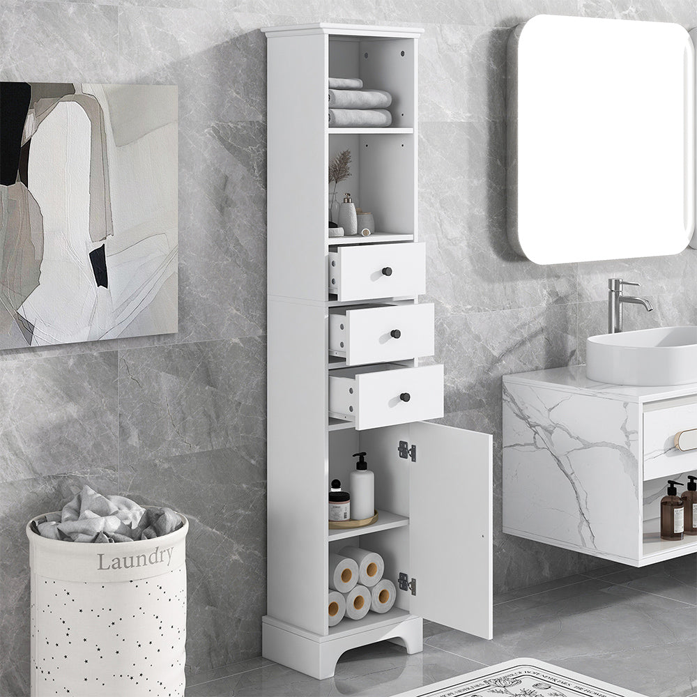 Tall Freestanding Bathroom Cabinet with 3 Drawers & Adjustable Shelf - White