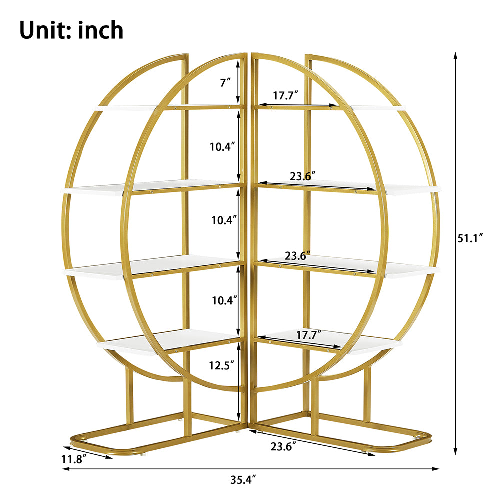 4-Tier Round Open Bookshelf with Gold Metal Frame - White