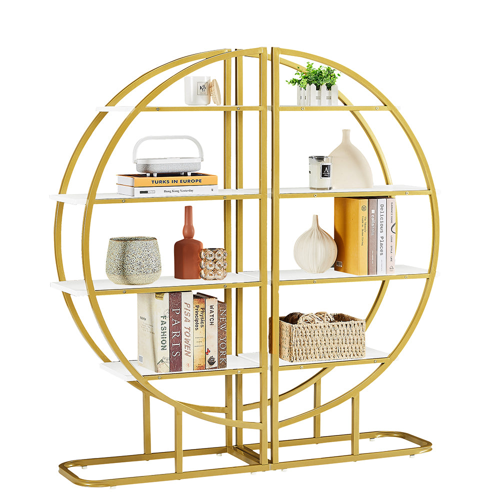 4-Tier Round Open Bookshelf with Gold Metal Frame - White