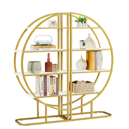4-Tier Round Open Bookshelf with Gold Metal Frame - White