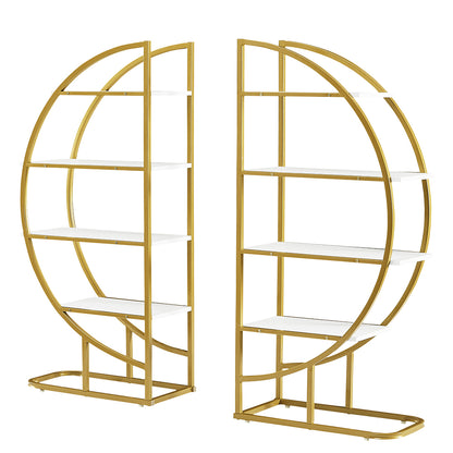 4-Tier Round Open Bookshelf with Gold Metal Frame - White