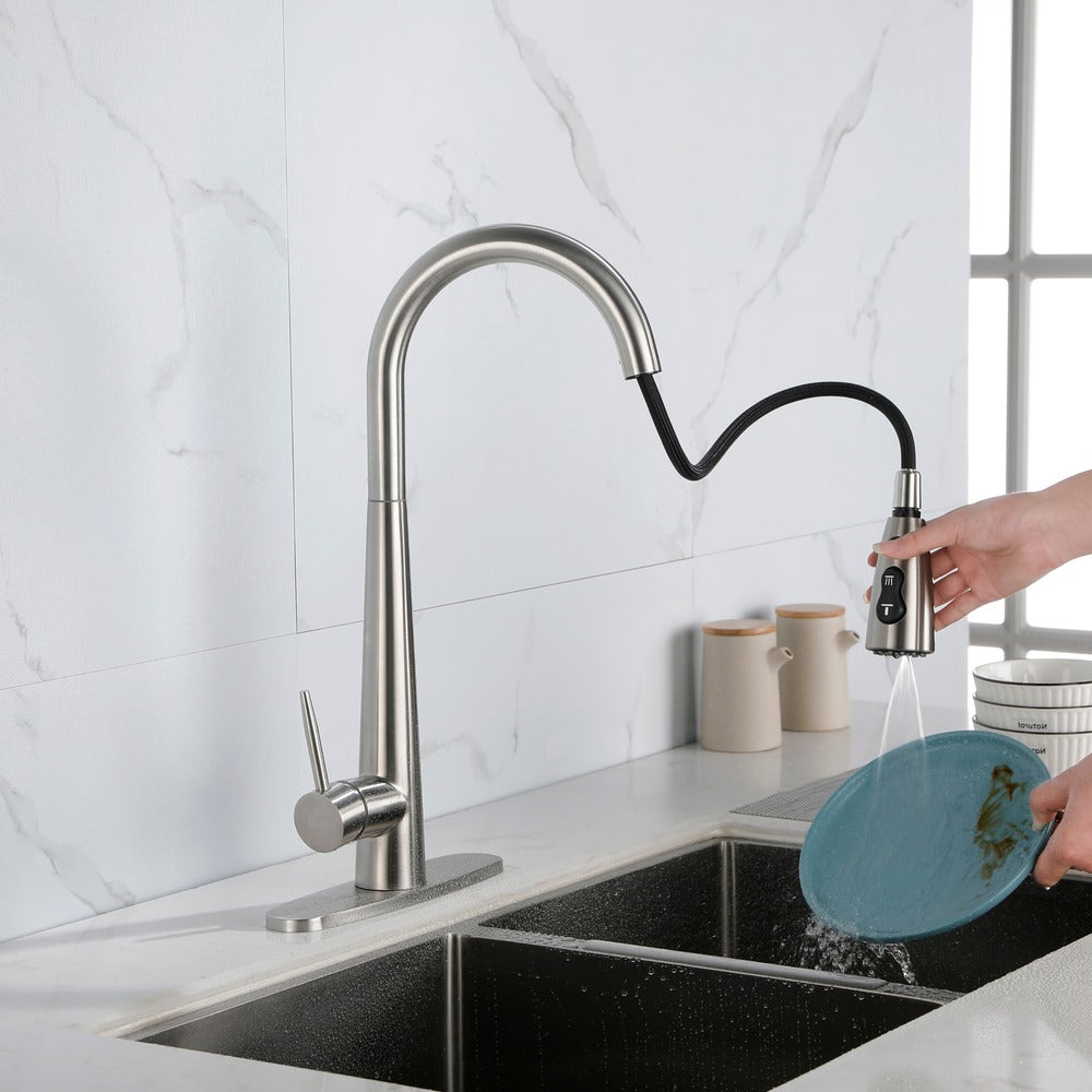 Brushed Nickel Kitchen Faucet Single Handle Pull Down Sprayer