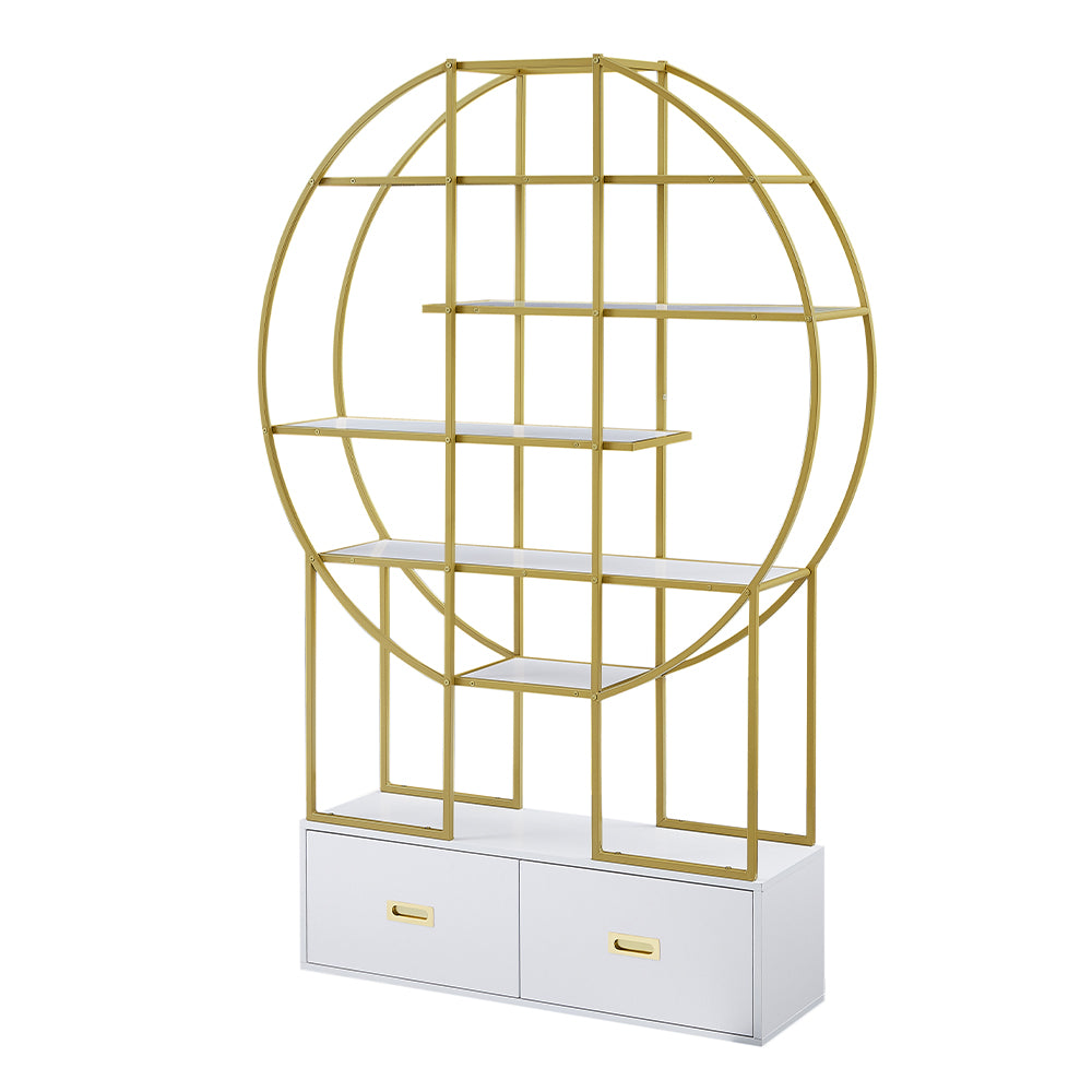70.8 Inch Round Gold Frame Bookcase with Display Shelf and Two Drawers