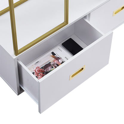 70.8 Inch Round Gold Frame Bookcase with Display Shelf and Two Drawers