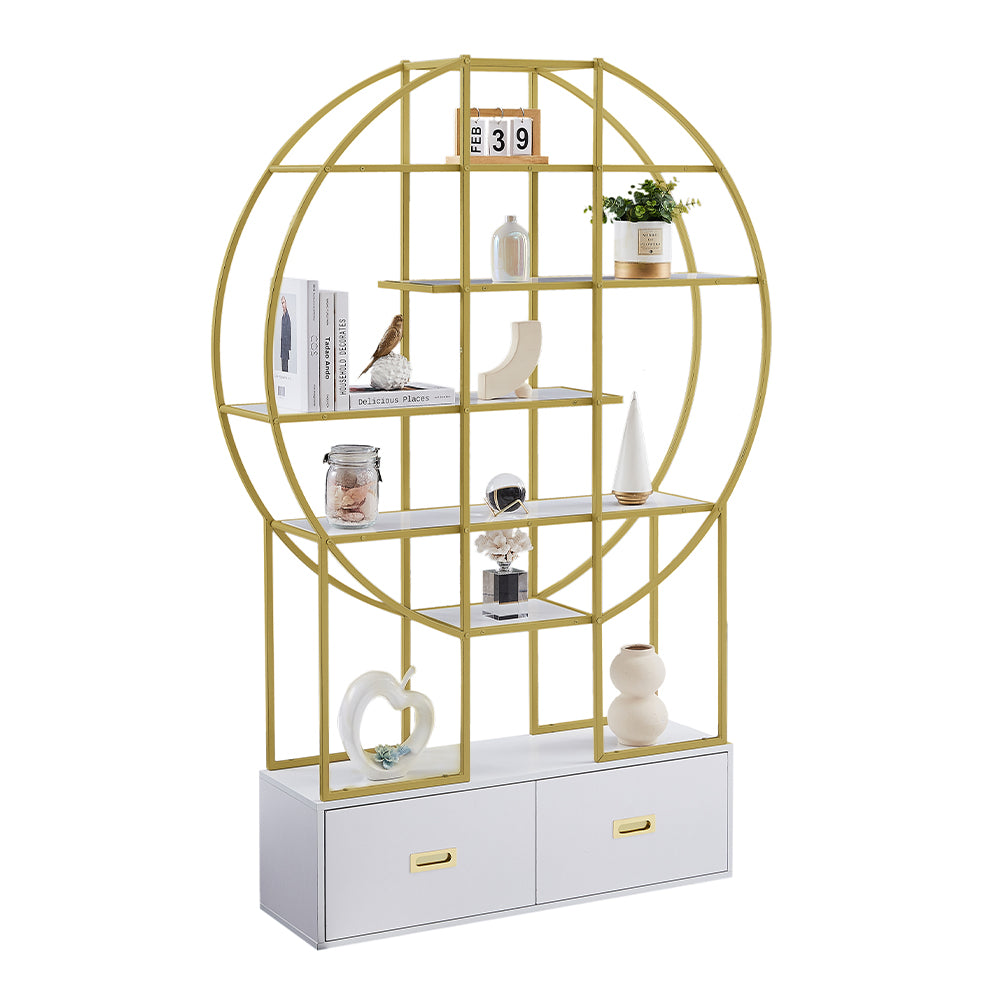 70.8 Inch Round Gold Frame Bookcase with Display Shelf and Two Drawers