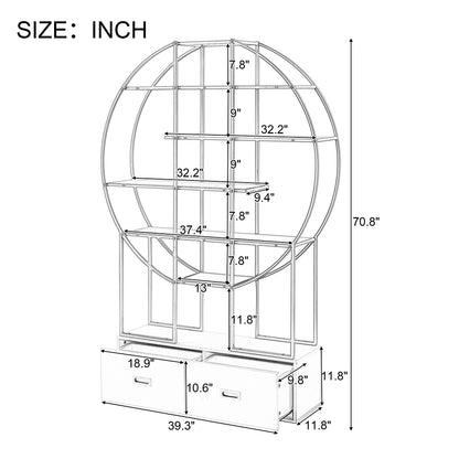 70.8 Inch Round Gold Frame Bookcase with Display Shelf and Two Drawers
