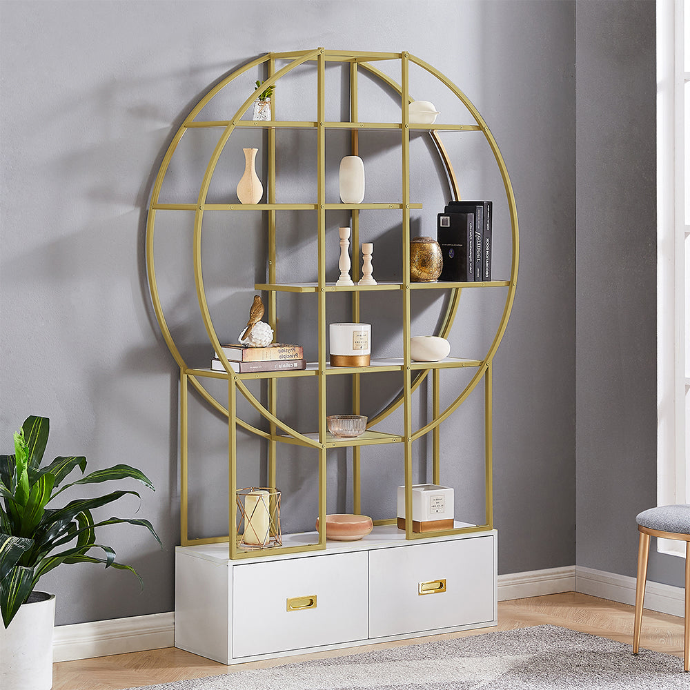 70.8 Inch Round Gold Frame Bookcase with Display Shelf and Two Drawers