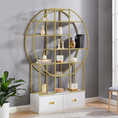 70.8 Inch Round Gold Frame Bookcase with Display Shelf and Two Drawers
