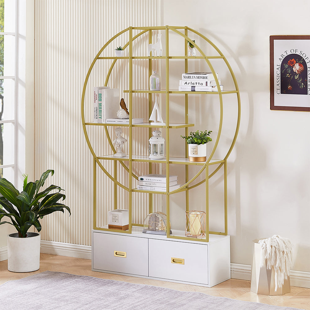 70.8 Inch Round Gold Frame Bookcase with Display Shelf and Two Drawers