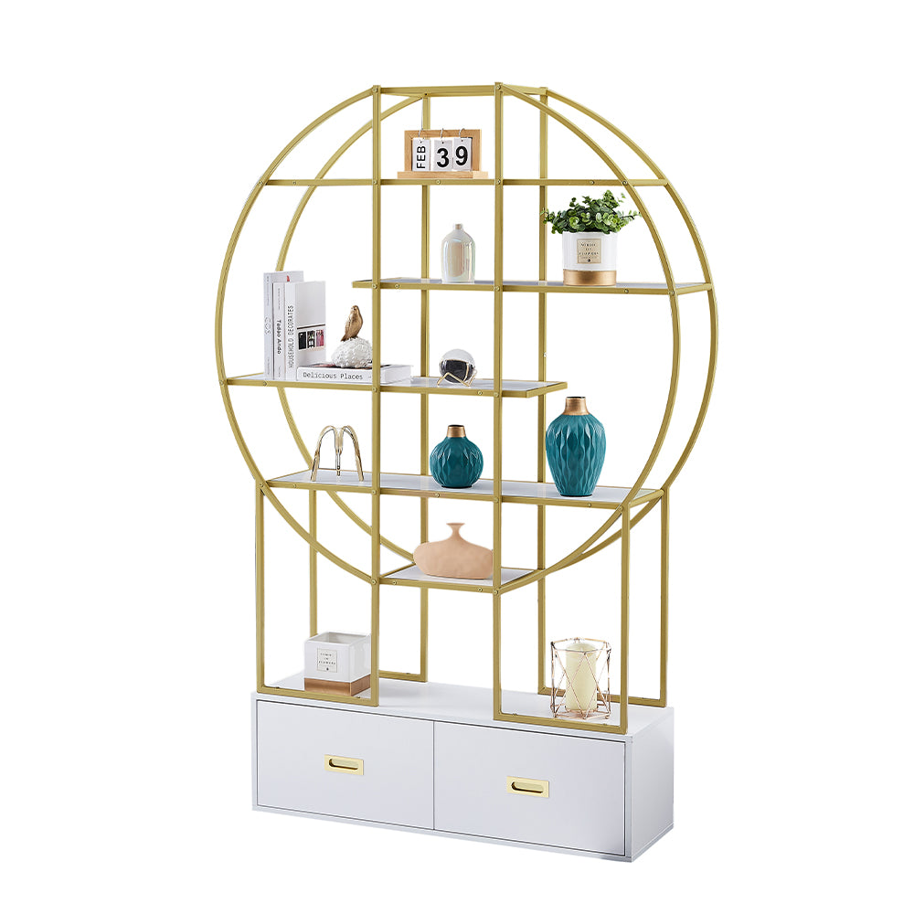 70.8 Inch Round Gold Frame Bookcase with Display Shelf and Two Drawers