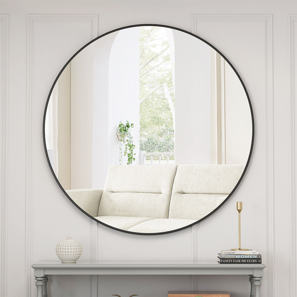 39-Inch Round Metal Framed Mirror - Black