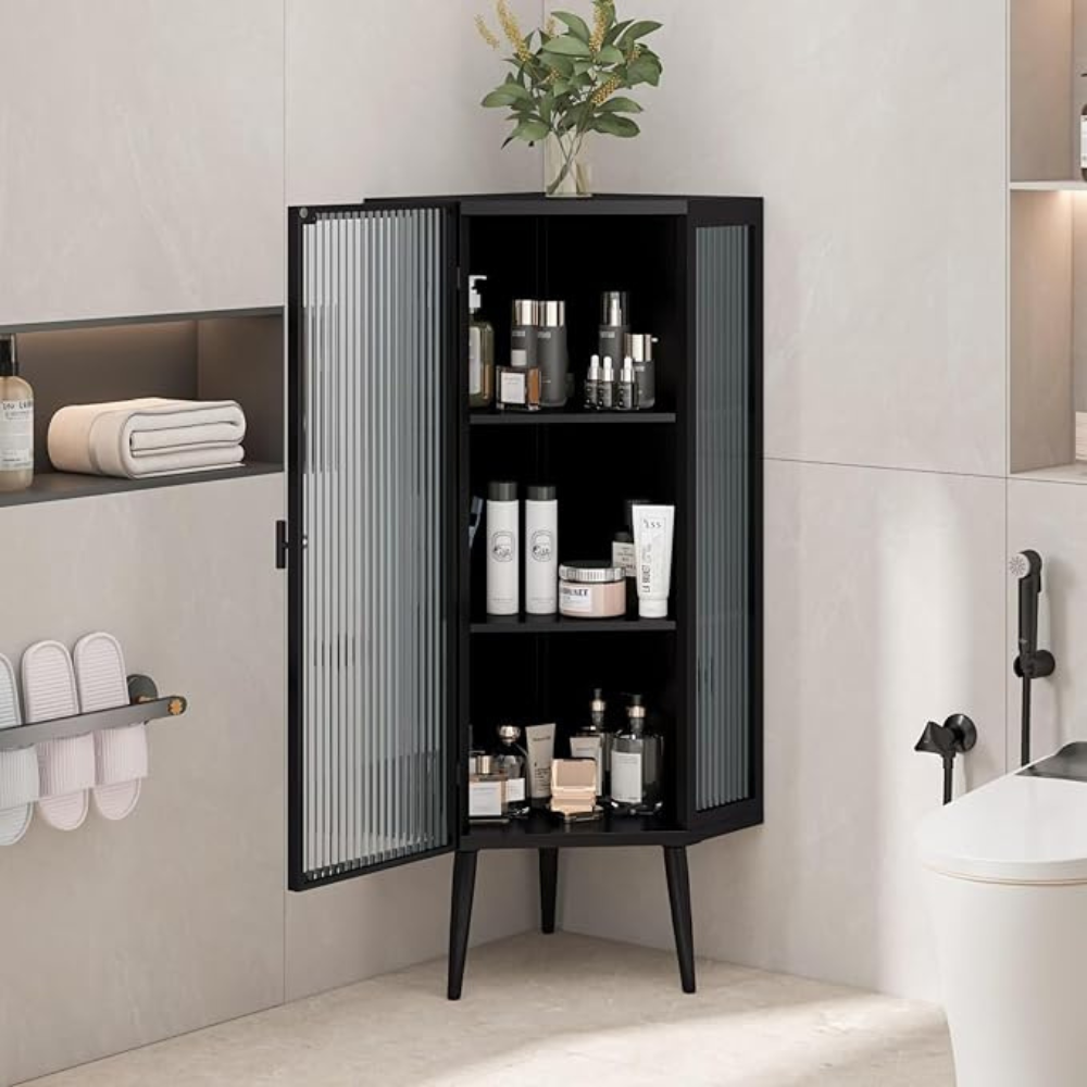 3-Tier Tempered Glass Floor Corner Cabinet for Bathroom, Living Room, and Bedroom