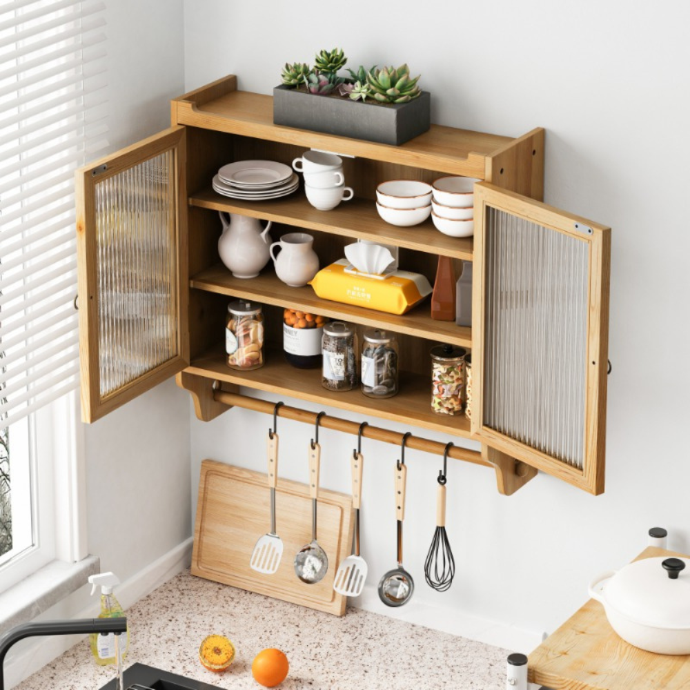 Vintage Double Door Wall Cabinet with 3-Tiered Storage and Towel Rack