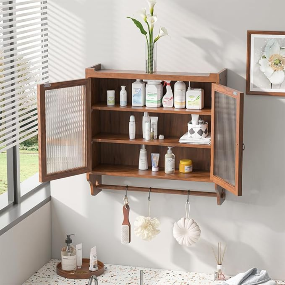 Vintage Glass Door Double Wall Cabinet with 3 Storage Tiers and Towel Rack