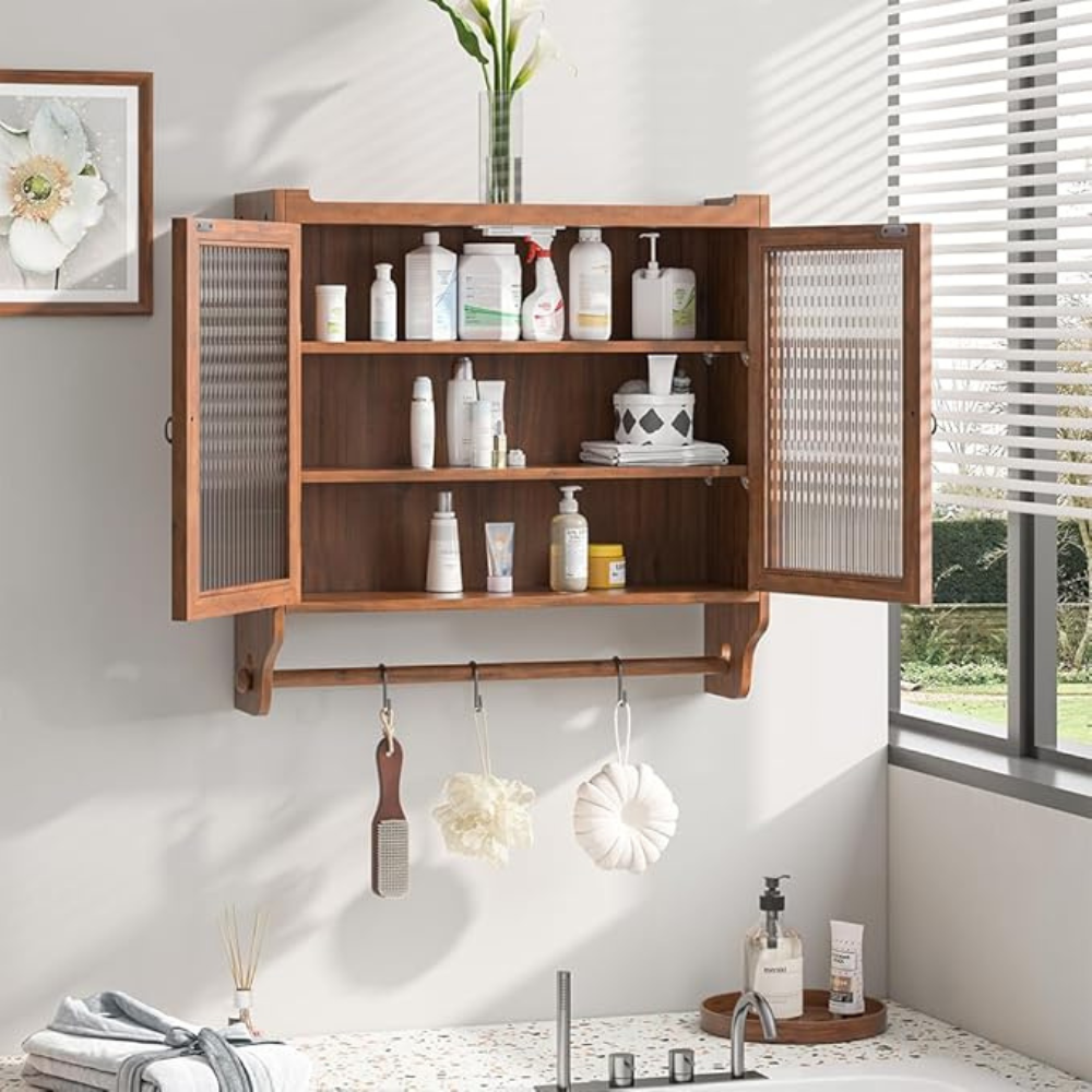 Vintage Glass Door Double Wall Cabinet with 3 Storage Tiers and Towel Rack