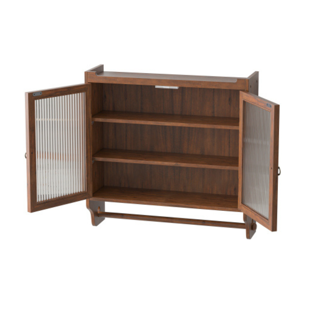Vintage Glass Door Double Wall Cabinet with 3 Storage Tiers and Towel Rack