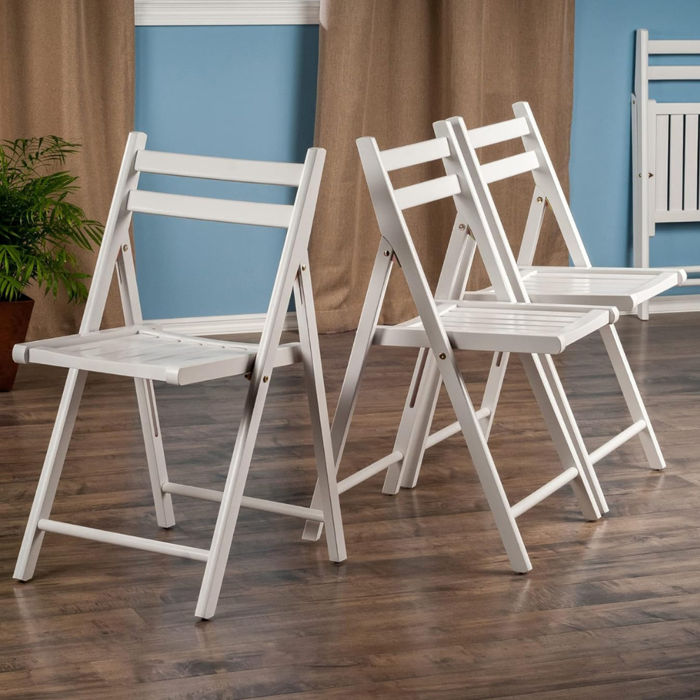 Set of 4 White Slatted Wood Folding Chairs