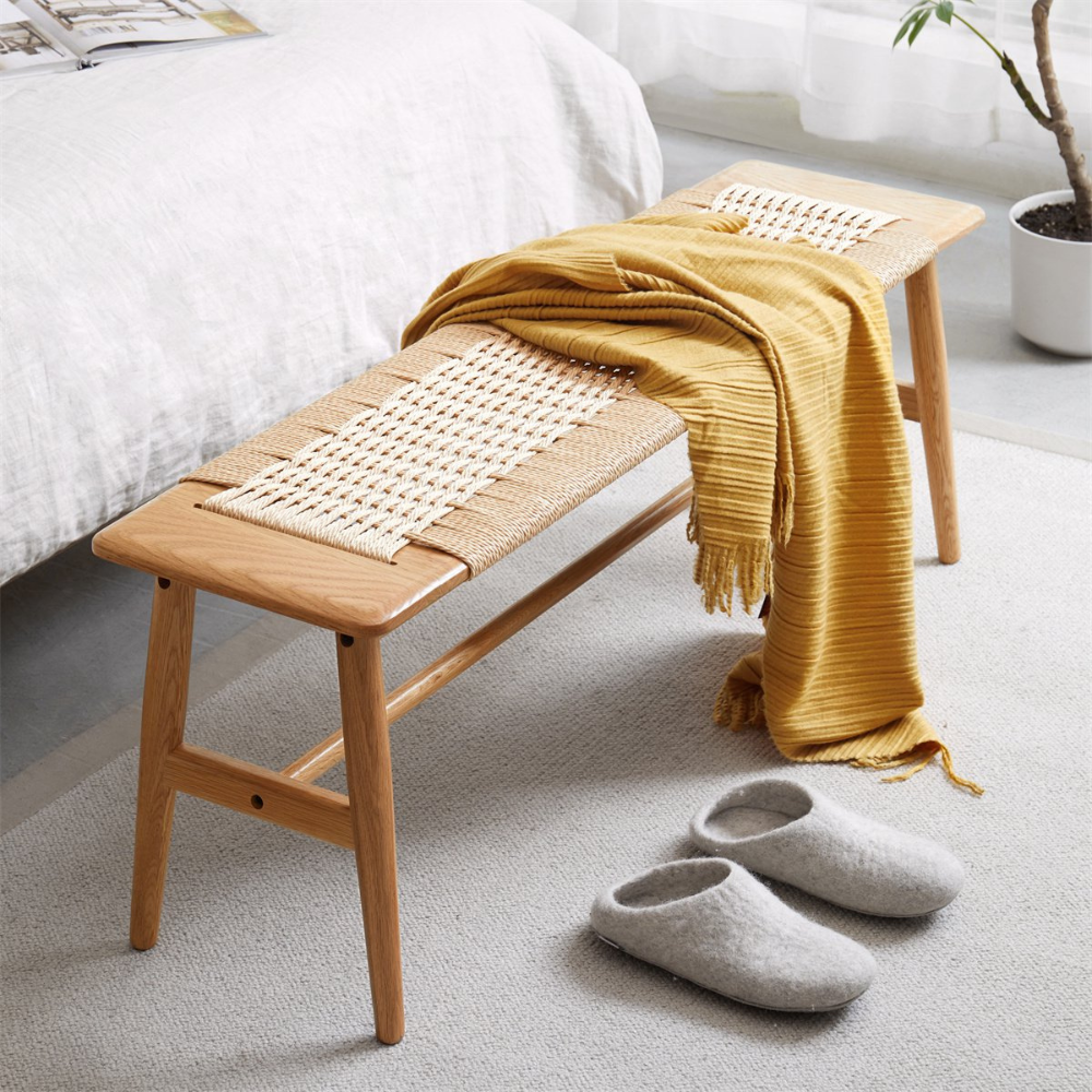 Stylish Woven Natural Oak Wood Dining Bed Bench