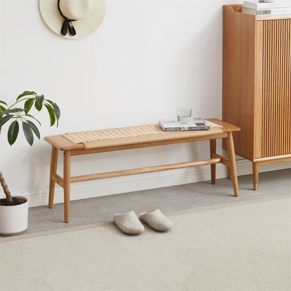 Stylish Woven Natural Oak Wood Dining Bed Bench