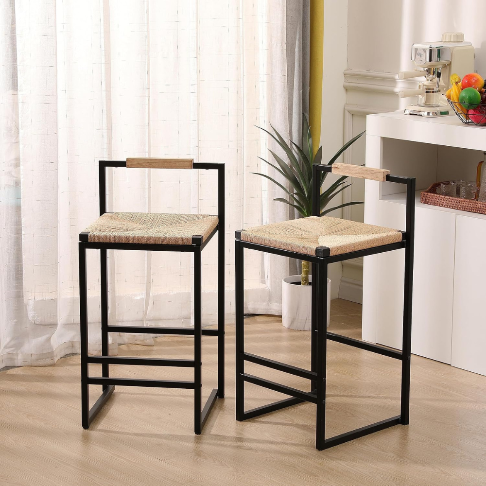 Set of 2 Paper Rope Woven Bar Stools with Back