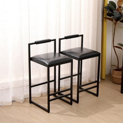 Set of 2 Black Bar Stools with Backrest and Footrest