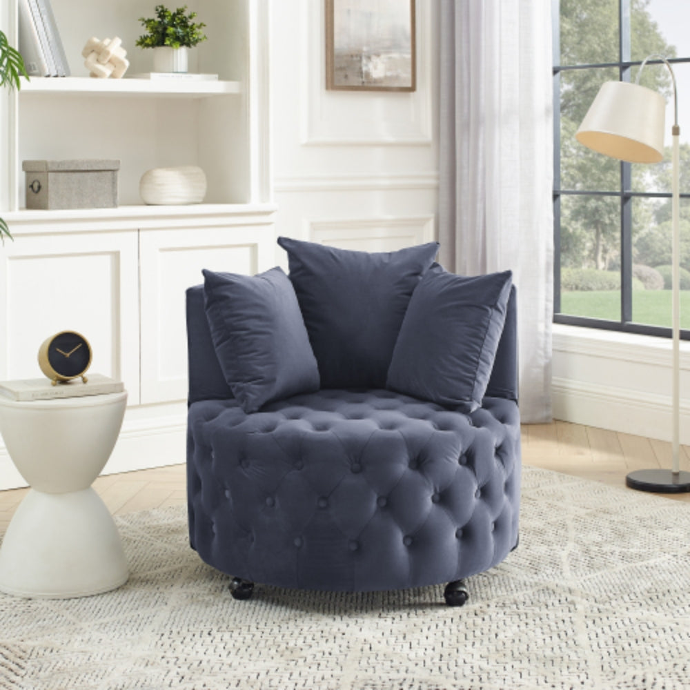 Velvet Upholstered Swivel Chair with Button Tufted Design and Movable Wheels