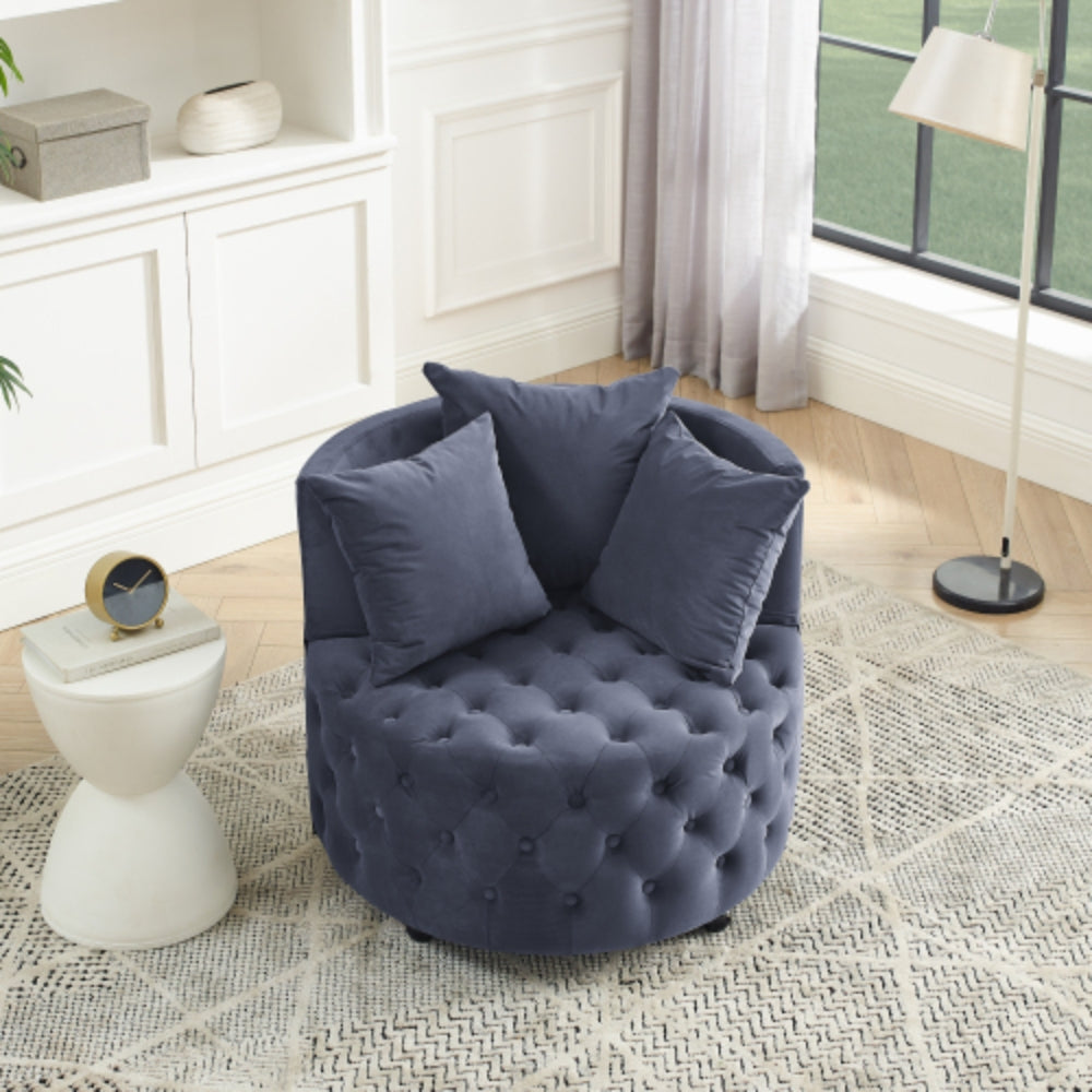 Velvet Upholstered Swivel Chair with Button Tufted Design and Movable Wheels
