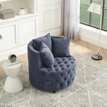 Velvet Upholstered Swivel Chair with Button Tufted Design and Movable Wheels