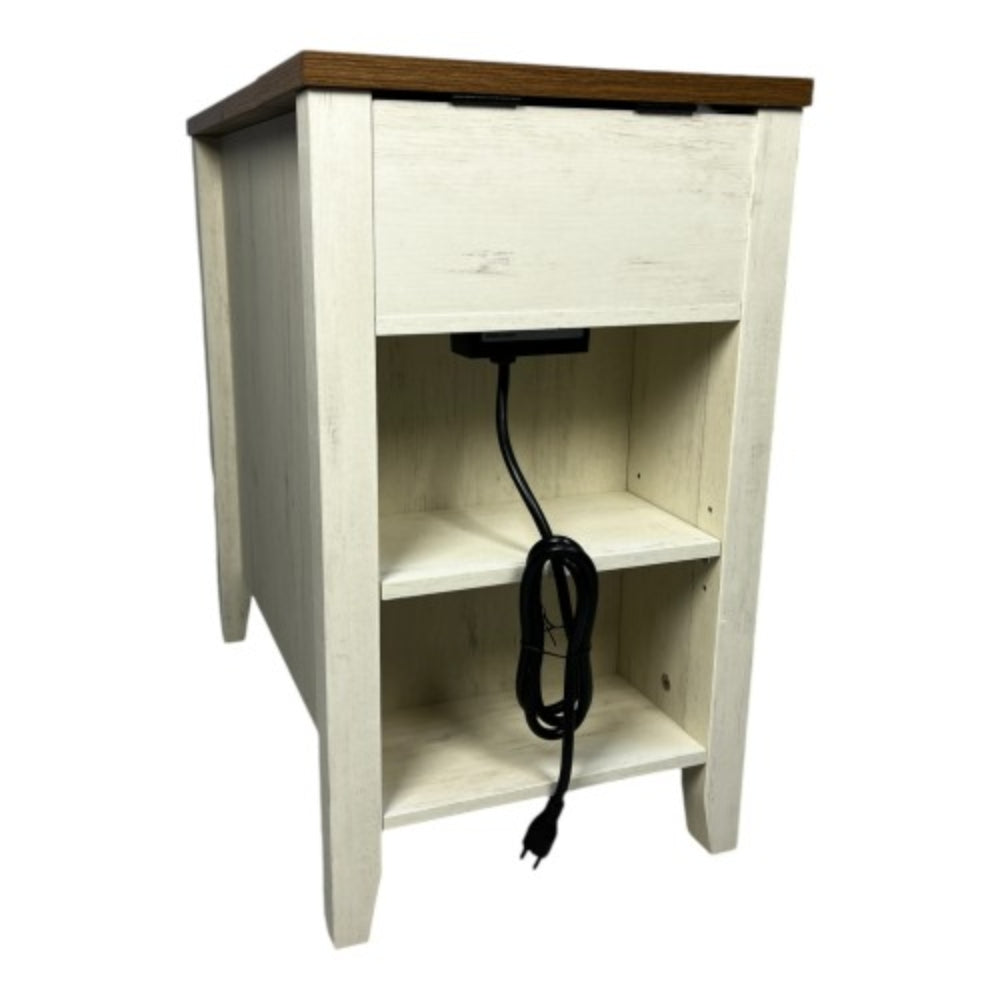 Farmhouse Brown and White End Table with Charging Station