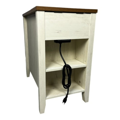Farmhouse Brown and White End Table with Charging Station