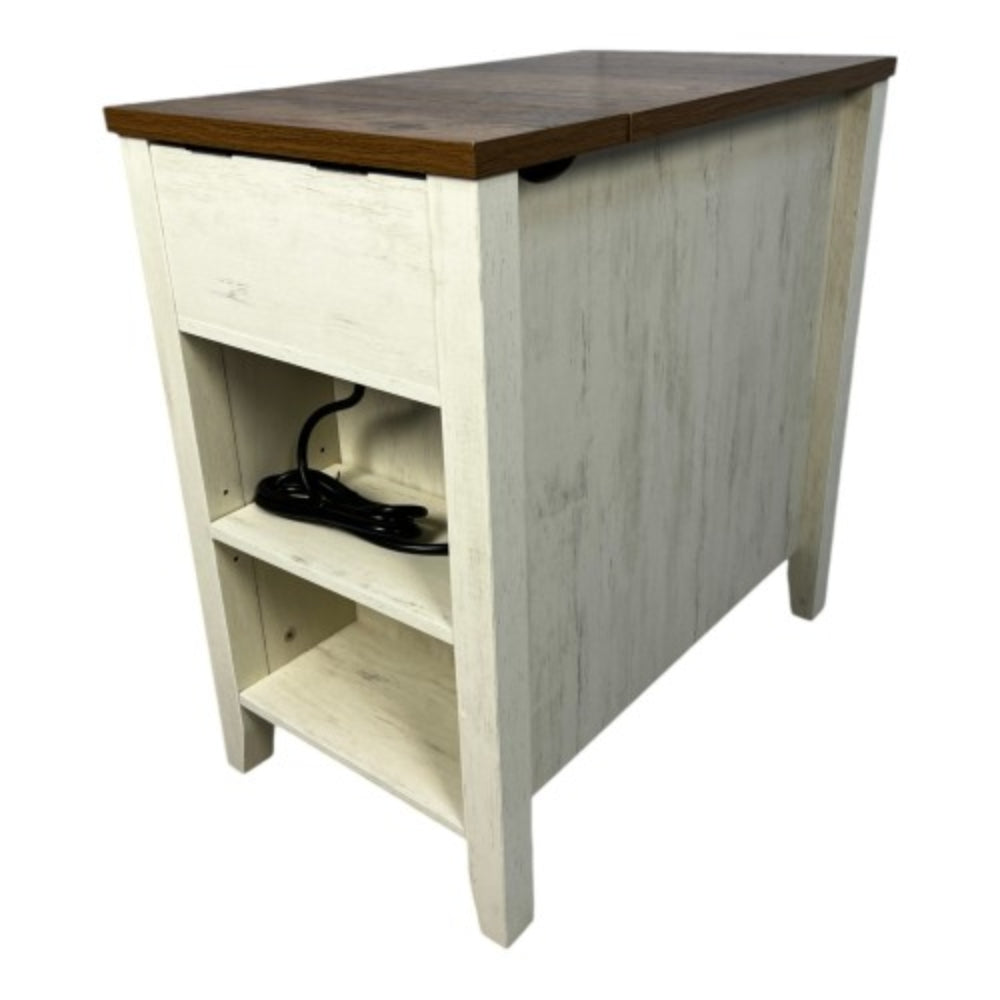 Farmhouse Brown and White End Table with Charging Station