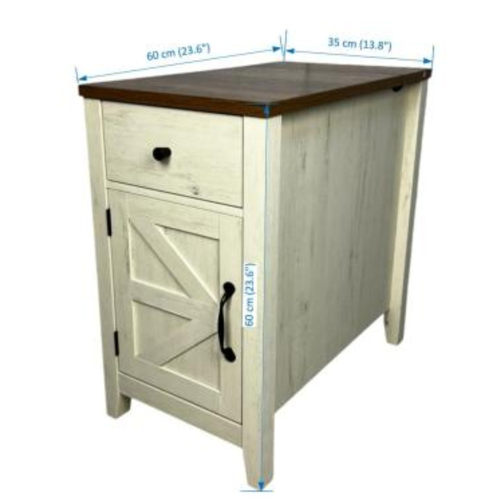 Farmhouse Brown and White End Table with Charging Station