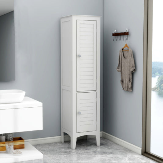 White Tall Narrow Tower Cabinet with 2 Shutter Doors and 5 Tier Shelves