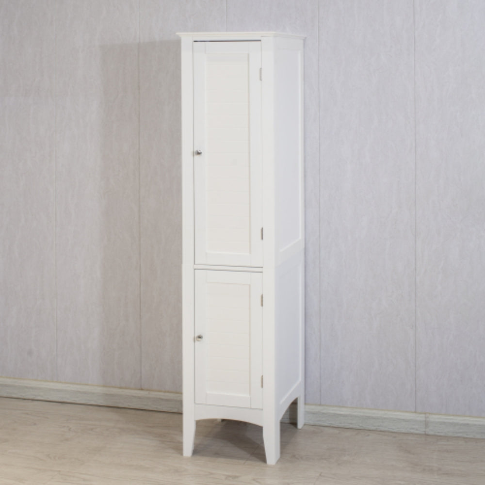 White Tall Narrow Tower Cabinet with 2 Shutter Doors and 5 Tier Shelves