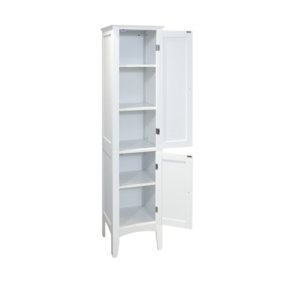 White Tall Narrow Tower Cabinet with 2 Shutter Doors and 5 Tier Shelves