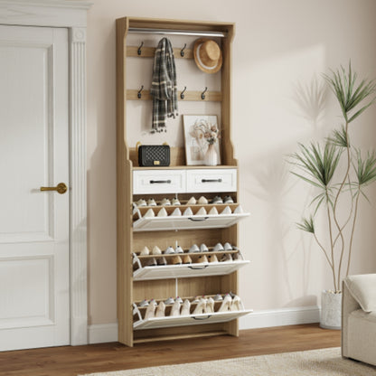 White Brown Shoe Cabinet with 3 Doors 2 Drawers and Hanger