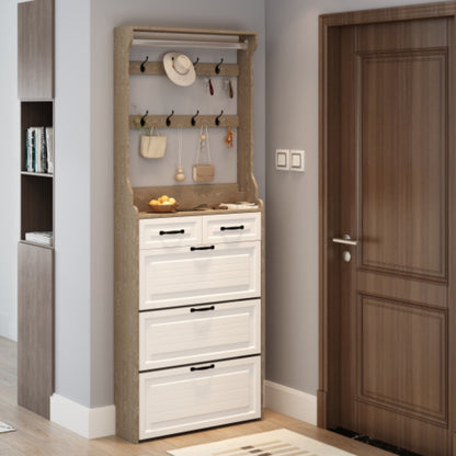 White Brown Shoe Cabinet with 3 Doors 2 Drawers and Hanger