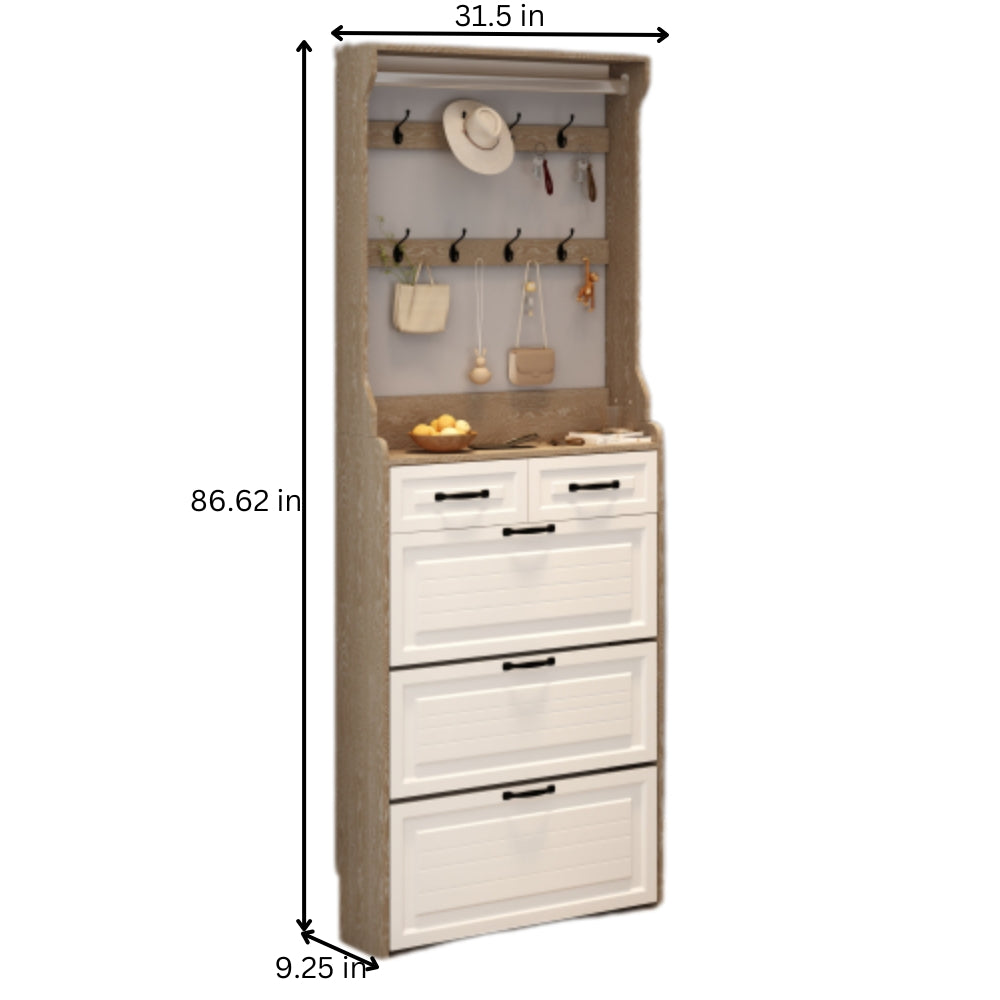 White Brown Shoe Cabinet with 3 Doors 2 Drawers and Hanger