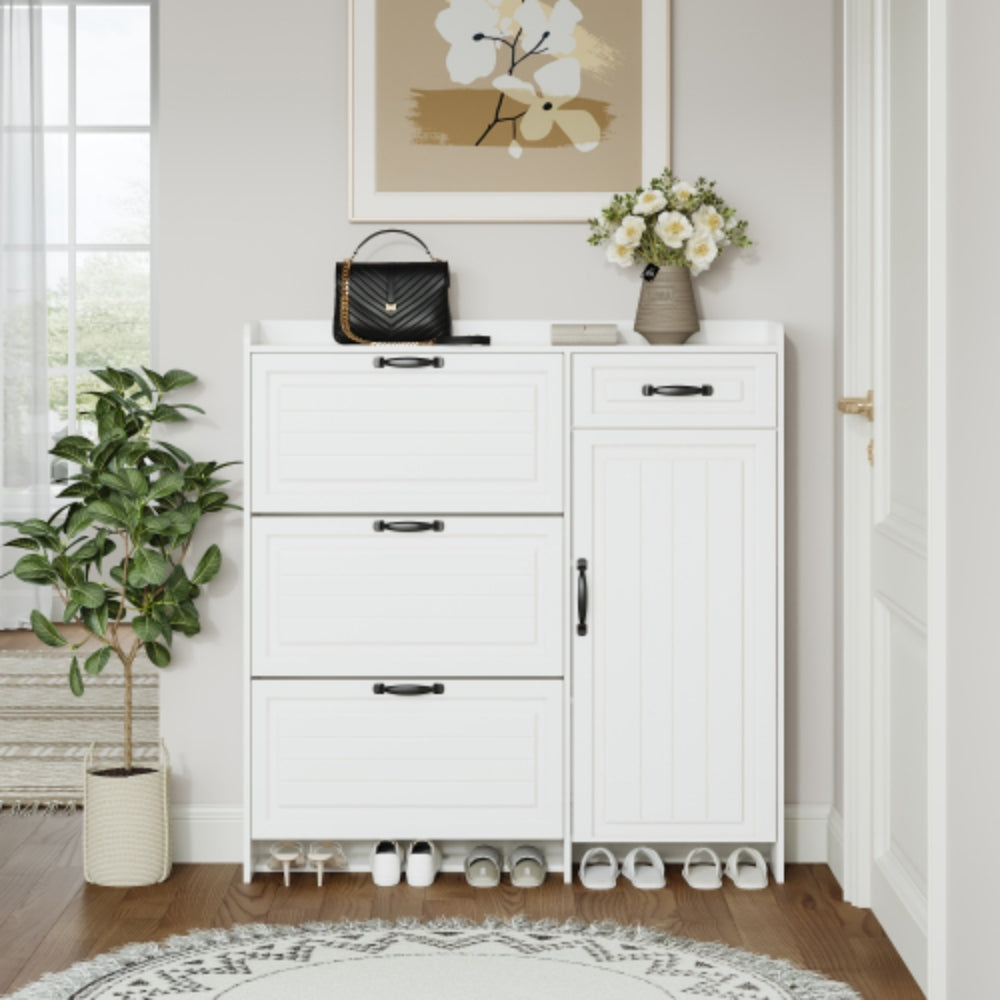 Spacious White Shoe Cabinet with 4 Doors and 1 Drawer