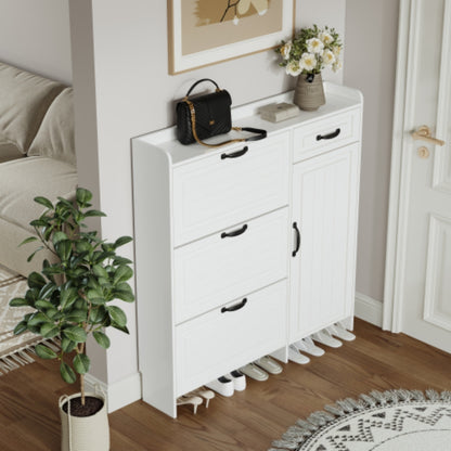 Spacious White Shoe Cabinet with 4 Doors and 1 Drawer