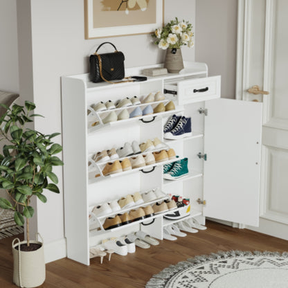 Spacious White Shoe Cabinet with 4 Doors and 1 Drawer