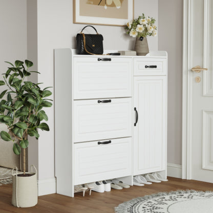 Spacious White Shoe Cabinet with 4 Doors and 1 Drawer