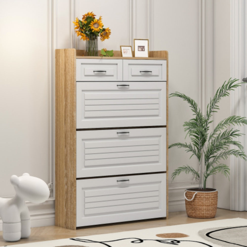 Modern 3 Door Shoe Cabinet with 2 Drawers Spacious White and Oak Design