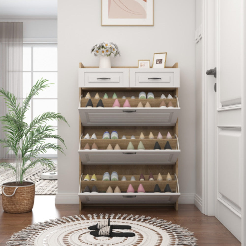Modern 3 Door Shoe Cabinet with 2 Drawers Spacious White and Oak Design