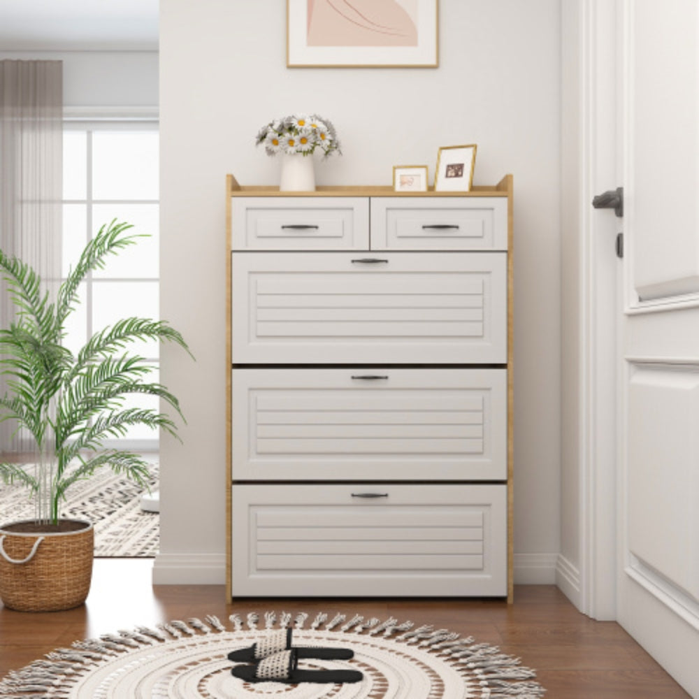 Modern 3 Door Shoe Cabinet with 2 Drawers Spacious White and Oak Design