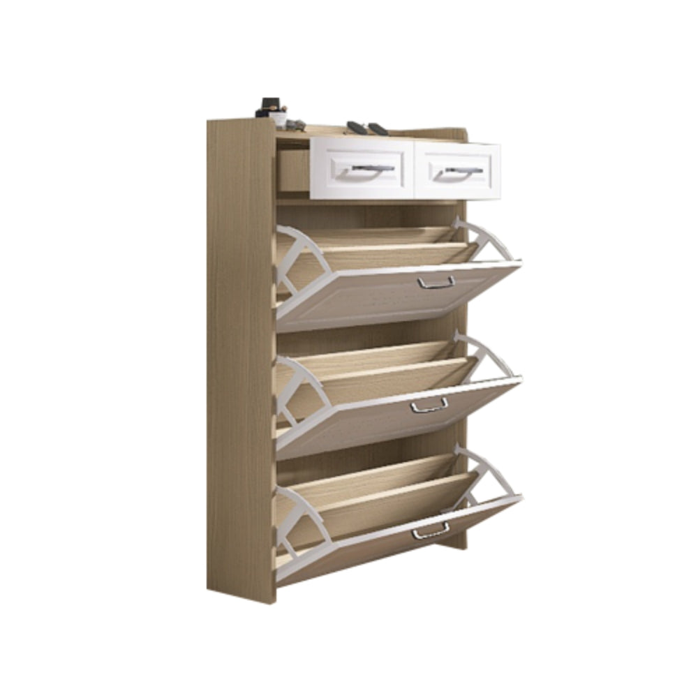 Modern 3 Door Shoe Cabinet with 2 Drawers Spacious White and Oak Design